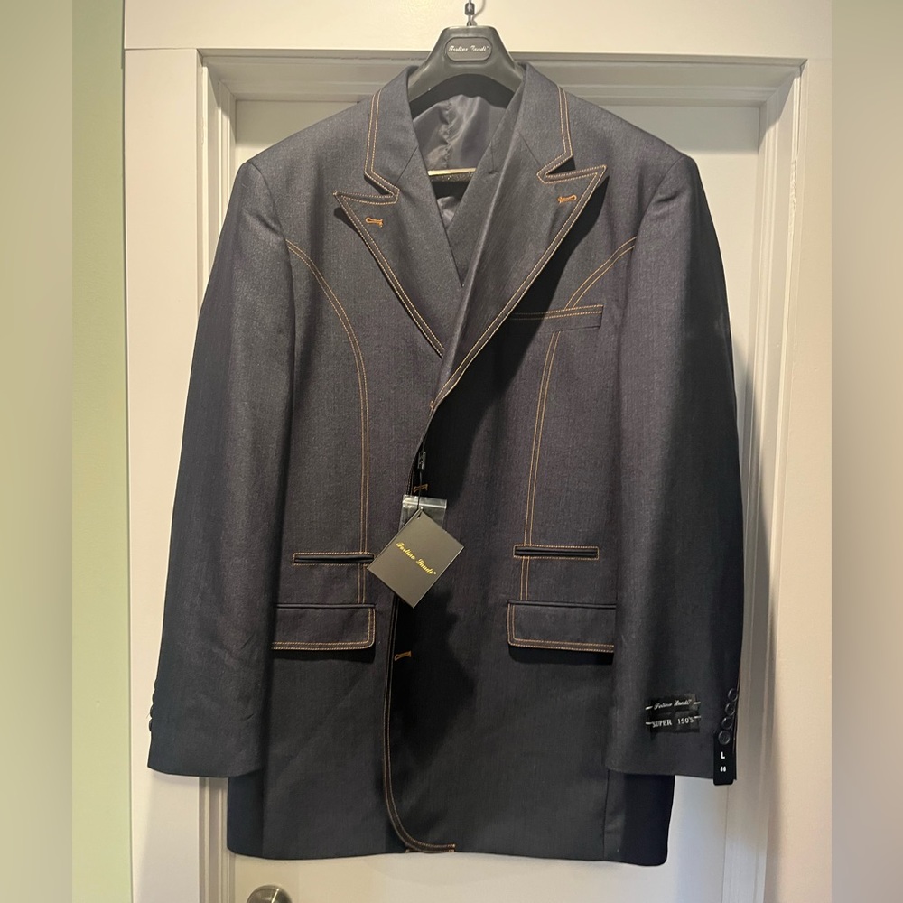 Men’s Fortino Landi 3 Piece Denim Suit.  Navy. 46L, 40W.